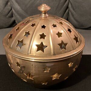 VTG 1970's Round Brass Candle Holder/Incense Burner w/Star Pattern-2 pcs-6"H-EUC